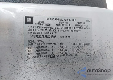 2007 Chevrolet Tahoe Lt z USA, uszkodzony, nr VIN 1GNFC13087R421805